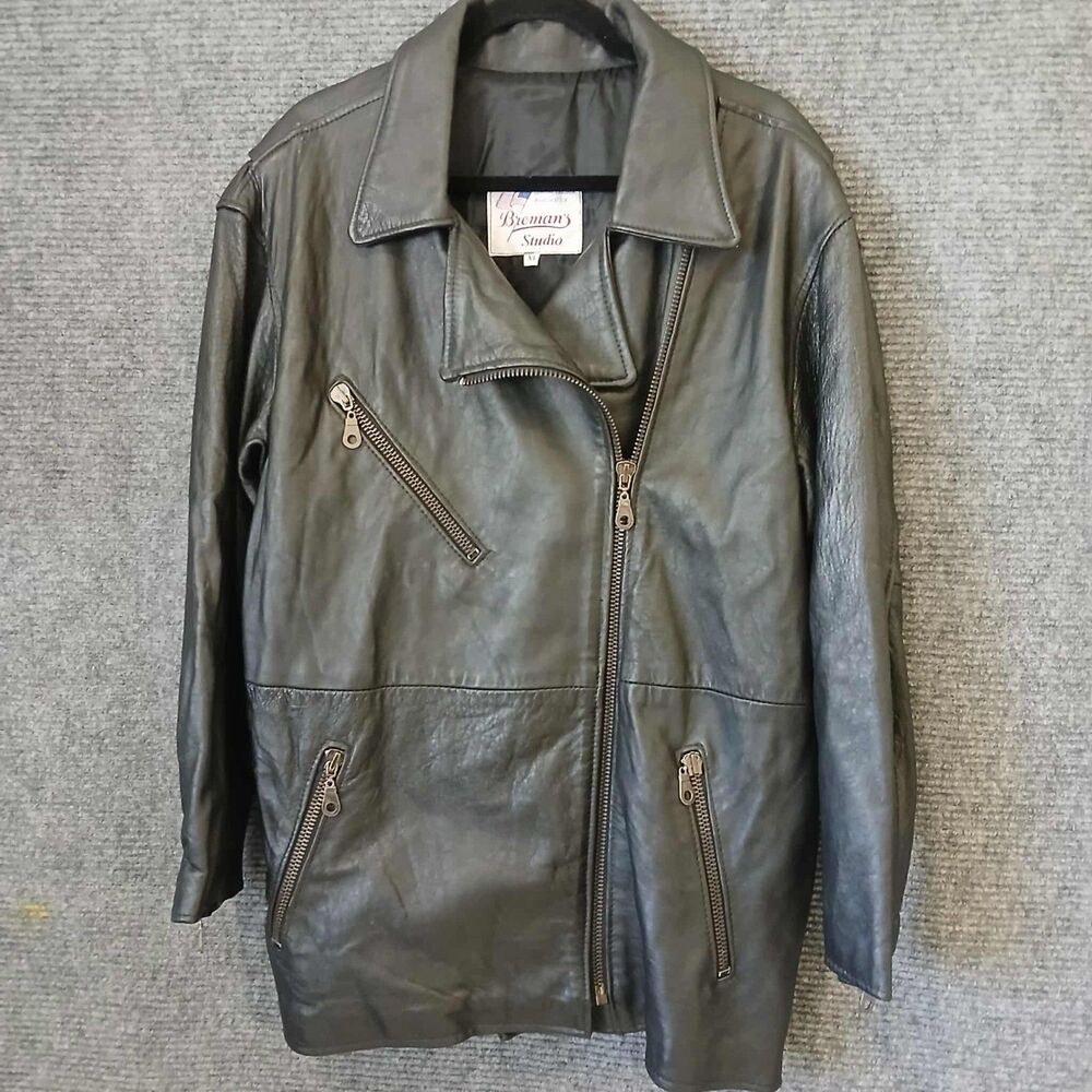 Vintage Bremans Studio Leather Jacket Coat Mens Size XL Black Full Zip Heavy